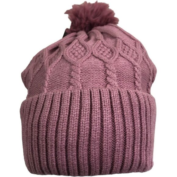 Pink Mauve Cable Knit Sherpa Pom Pom Winter Beanie - Picture 5 of 9